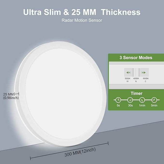 LEZOE 24W Motion Sensor LED Ceiling Light dimmable with Remote, 2400lm 12Inch 3000K/4000K/6500K Flush Mount Ceiling Lighting Fixture, Radar Sensor Lamp for Hallway Laundry Porch Stair Closet White