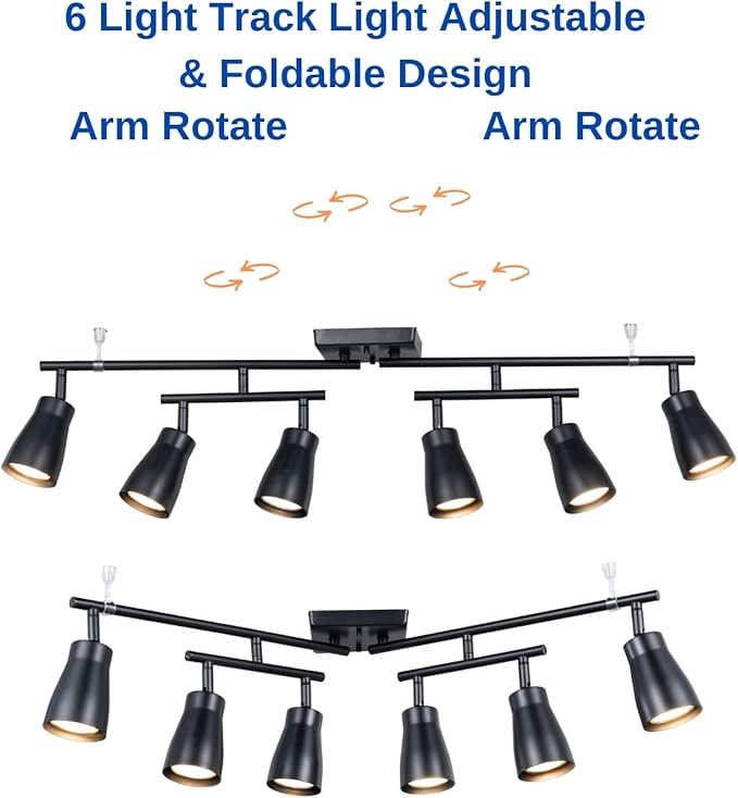 6 Light Modern Industrial Track Lighting Fixtures with Matte Black, Swivel Rotating Bar Ceiling Spotlight Adjustable Head,Dimmable GU10 Socket for Studios Hallyway Bar Bedroom Living Room