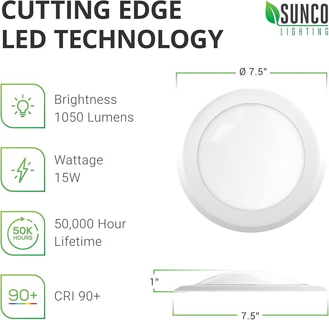 Sunco 12 Pack 5/6” LED Disk Lights Flush Mount Ceiling Light Fixture Recessed 4000K Cool White, 100W Equivalent 15W, 1050LM, Dimmable Low Profile Surface Mount ETL & Energy Star Listed