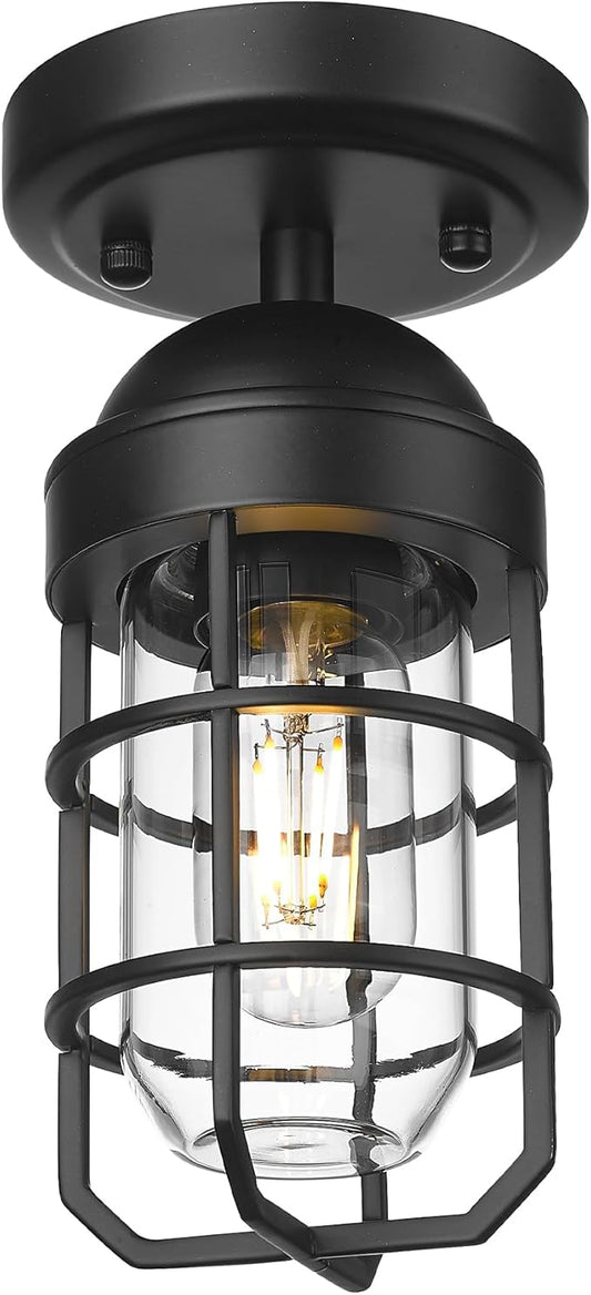 Emliviar Industrial Ceiling Light, Semi Flush Mount Lighting for Indoor, Clear Tempered Glass Shade in Black Finish, GE255F BK