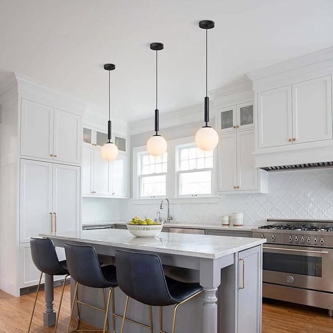 KCO Lighting Black Globe Pendant Light Mid Century Modern Pendant Lights Kitchen Island Industrial Farmhouse Round Glass Pendant Lighting Single Hanging Light Fixture (Black)