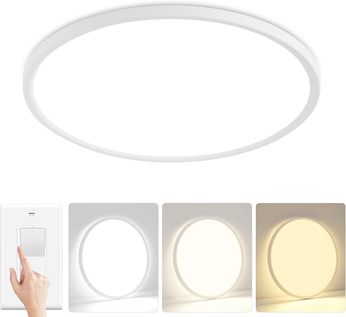 15'' Led Flush Mount Ceiling Light Fixture, 32W 3200LM, Dimmable & 3000K/4000K/6500K Selectable, Modern White Ceiling Lamp for Bedroom, Kitchen, Home Office, Hallway, Wired