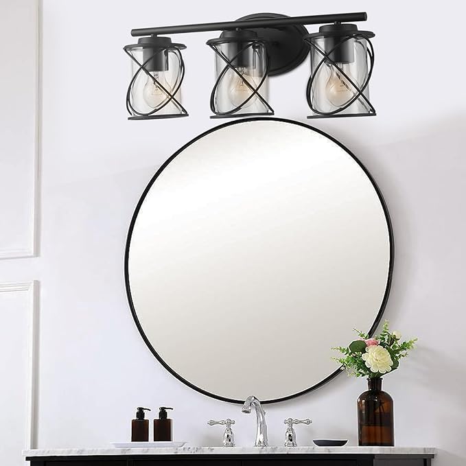 mavcadonf 3-Light UL Certified Bathroom Vanity Light, Matte Black Farmhouse Wall Sconce Over Mirror Lighting Fixture with Clear Glass Shade for Bathroom Kitchen Bedroom Hallway