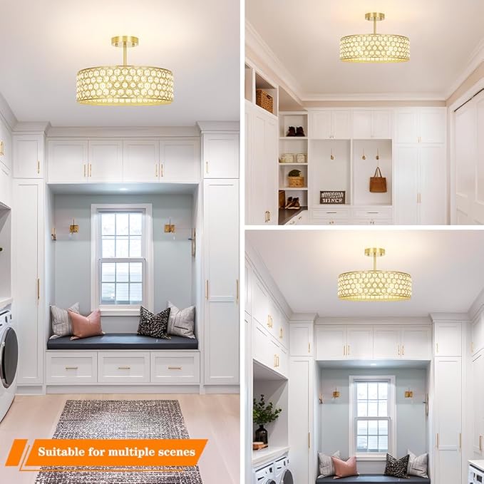 Gold Crystal Ceiling Light Fixture - Modern Semi Flush Mount Ceiling Chandelier Lighting for Kitchen, Dazzling Prism Chandelier for Bedroom, Bathroom, Dining Room, 5 Light, 16 in