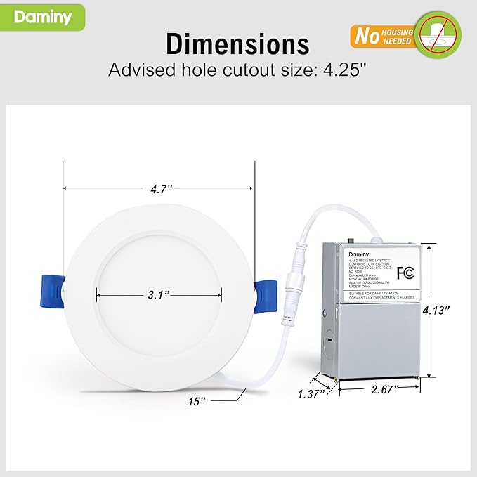 DAMINY 6 Pack 4 Inch LED Recessed Lighting with Junction Box,5CCT,Ultra-Thin Recessed Light,7W 700LM, Dimmable Canless Wafer Ceiling Light,High Brightness