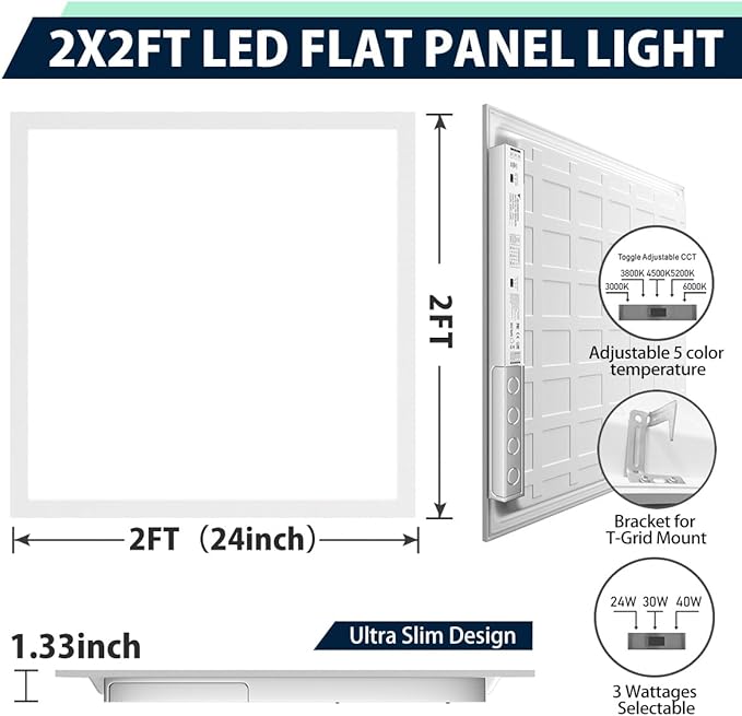 Allsmartlife 2x2FT LED Flat Panel Troffer Light, 2-Pack 5CCT (3000K-3800K-4500K-5200K-6000K), Triac Dimmable, 2X2 Recessed Back-Lit Drop Ceiling Light Fixture