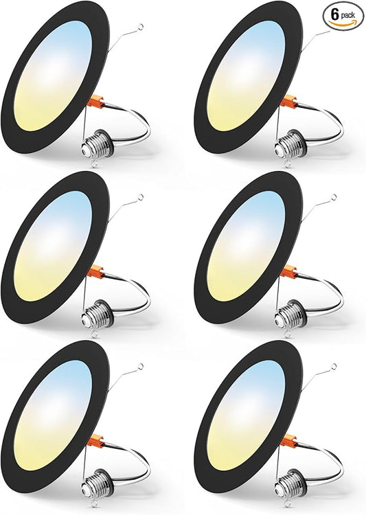 FREELICHT 6 Pack Retrofit LED Recessed Lighting 6 Inch, Selectable 2700K/3000K/4000K/5000K/6000K, Dimmable Flat LED Can Lights, 10W=110W, 1000LM, IC & Damp Rated, ETL & FCC, Black