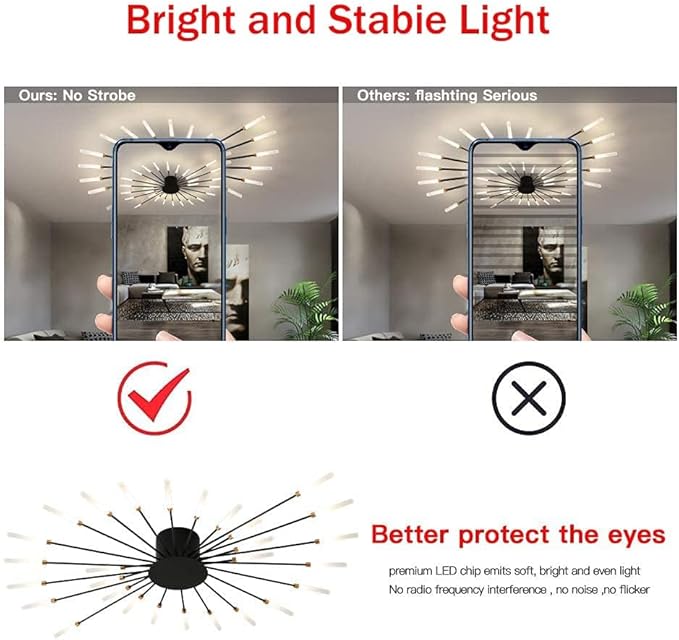 JAYMP 50.4“ Ceiling Light Modern Flower Shape Ceiling Lamp for Living Room Dining Room Flush Mount Metal Acrylic Sputnik Firework Petal LED Lighting Fixture (Matte Black, 42 Lights)