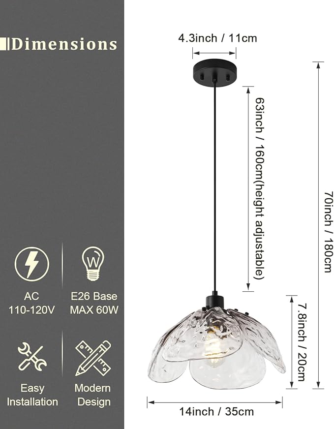 Vintage Gradient Smoke Gray Pendant Light,Black Pendant Lighting Fixture with Handmade Leaf Glass for Bedroom,Kitchen,Hallway,Entryway