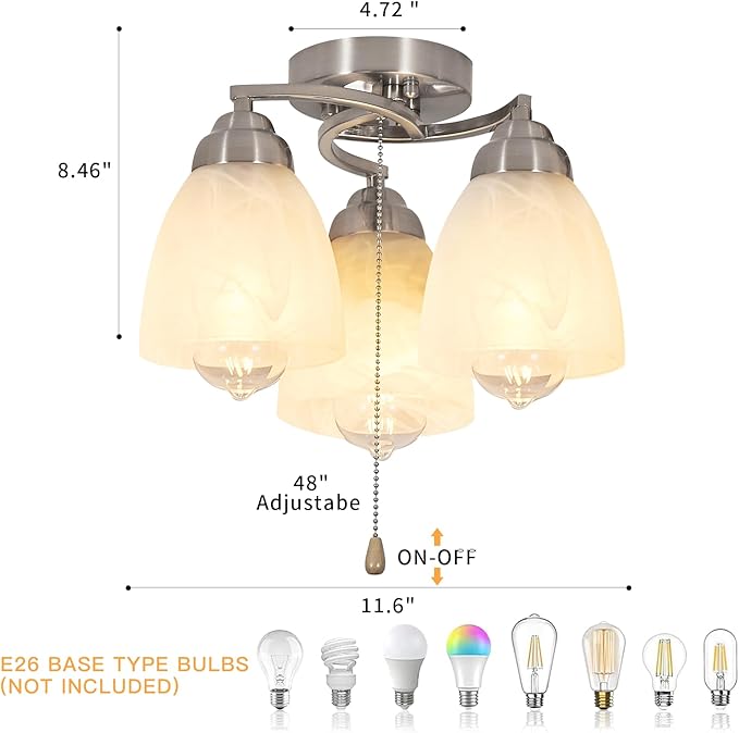 3-Light Flush Mount Ceiling Light with Pull Chain, Modern Nickel Lighting Fixtures with Alabaster Glass for Kitchen Island Dining Room Bedroom Farmhouse Foyer Hallway