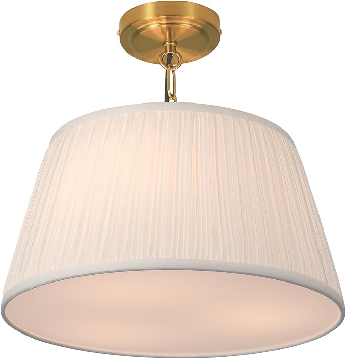 Electro bp; 15”Dia White Pleated Fabric Drum Shade Ceiling Light Fixture Farmhouse Brocade Linen Cone Shape Close to Semi-Flush Mount,Polished Gold,3 Sockets,E26,180W,Large;