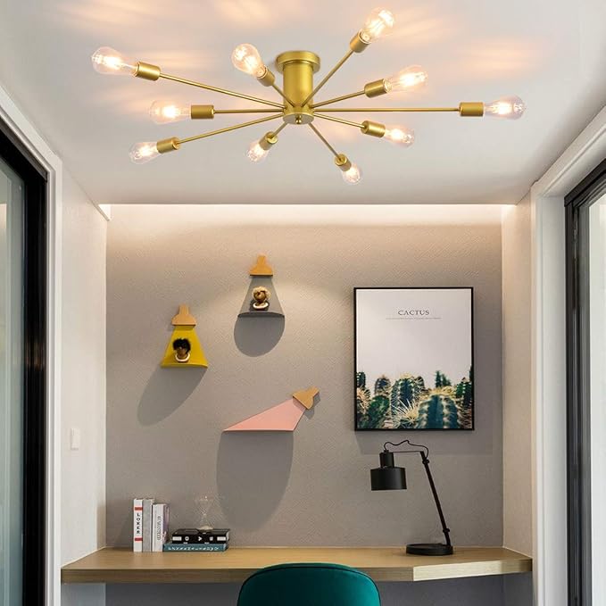 Garwarm 10 Lights Modern Sputnik Chandelier Gold Industrial Ceiling Lamp Mid Century Semi Flush Mount Ceiling Light Fixture for Kitchen Dining Room Living Room Bedroom Foyer Lighting