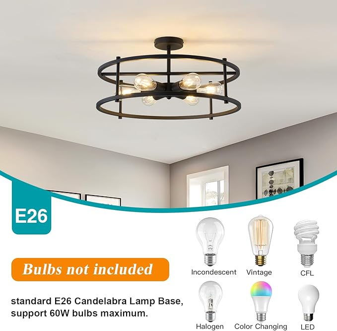 hesoge Large Semi Flush Mount Ceiling Light Fixture Black Cage Ceiling Light 6 Light Chandelier for Kitchen Dining Room Entryway Living Room Bedroom Foyer