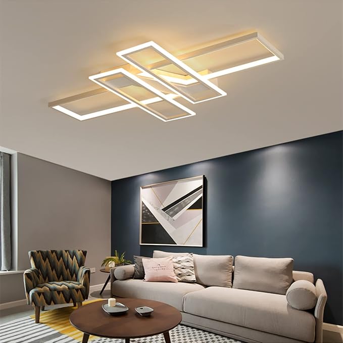 SMG Modern LED Ceiling Lights Fixture for Bedroom, 35" Remote Control Dimmable Led Chandelier, Flush Mount Square Design Ceiling Lamp for Kitchen Living Room White