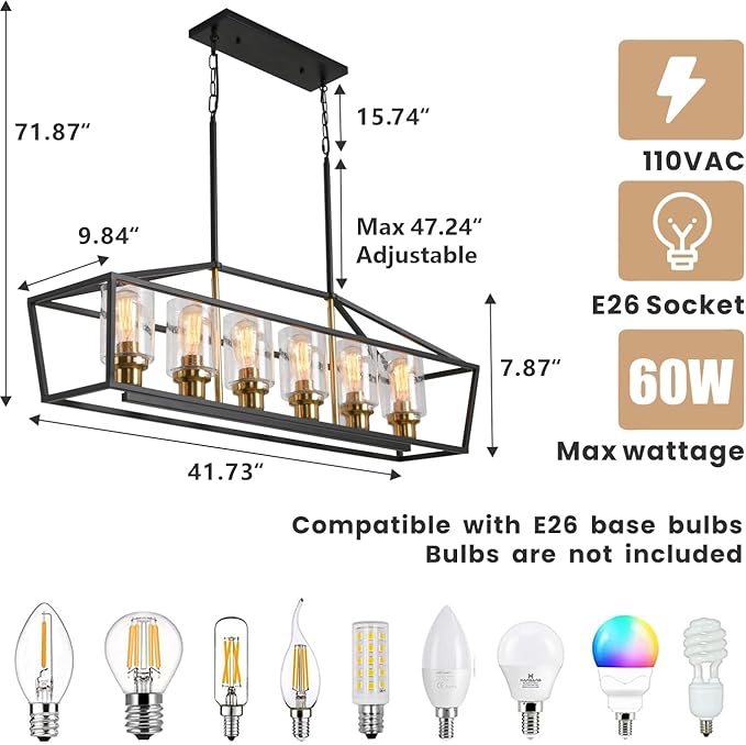 Black Kitchen Island Lighting, 6-Light Modern Farmhouse Dining Room Light Fixtures Over Table, Rectangle Linear Chandelier with Bubble Seeded Glass Shade and Brushed Brass Socket