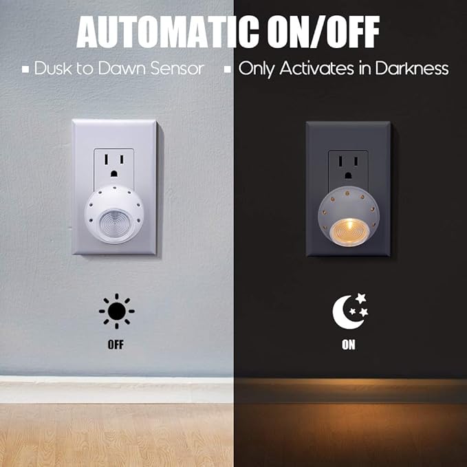 Emotionlite Plug-in Night Lights, Warm White LED Nightlight, 360° Rotation, Dusk to Dawn Sensor, Kids, Adult, Bedroom, Hallway, Bathroom,Kitchen, Stairways, Corridor, 6 Pack