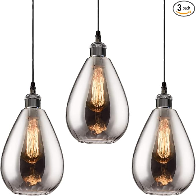 3 Packs Industrial Glass Pendant Lights for Kitchen Island, Modern Teardrop Chrome Mirror Effect Lighting Fixture Edison Hanging Light for Farmhouse Bar Area Over Sink Dining Room (Bulb Not Included)