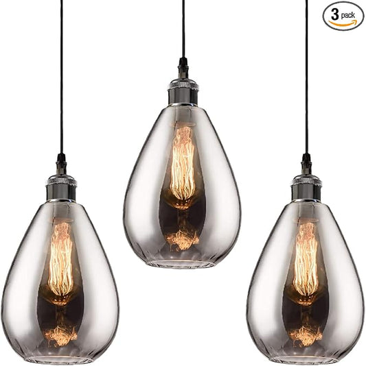 3 Packs Industrial Glass Pendant Lights for Kitchen Island, Modern Teardrop Chrome Mirror Effect Lighting Fixture Edison Hanging Light for Farmhouse Bar Area Over Sink Dining Room (Bulb Not Included)