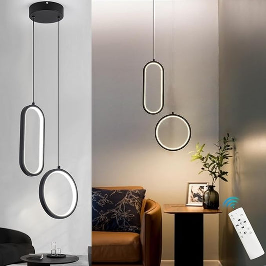 Black Modern Mini LED Pendant Light with Remote Control, 2 Ring 24W 3-Color Temp Stepless Dimmable Ceiling Hanging Light for Bedroom Kitchen Island Dining Room Foyer Entryway