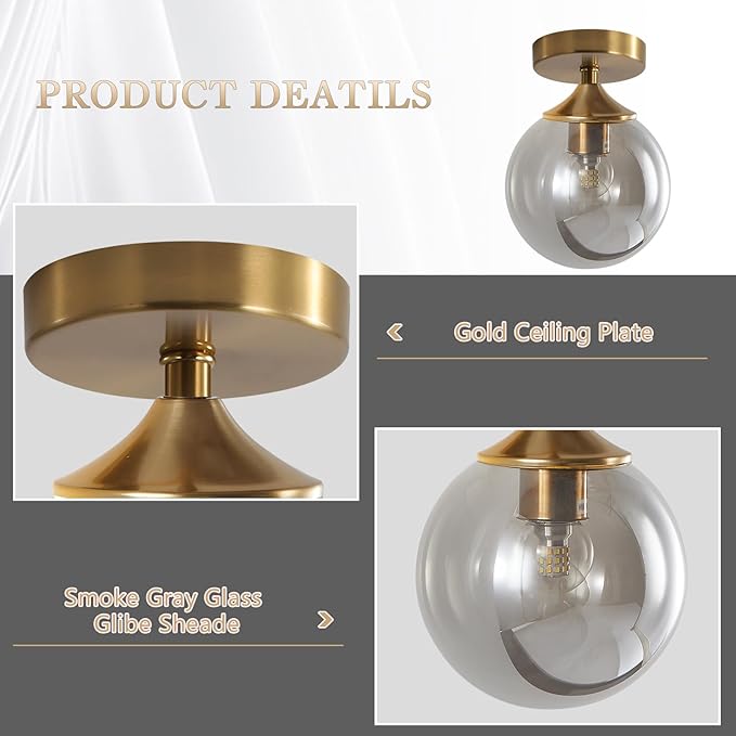 KCO Lighting Mid Century Modern Semi Flush Mount Ceiling Light Fixture Small Smoked Glass Globe Flush Mount Ceiling Light Brushed Gold Ceiling Lighting Fixture for Hallway Entryway Bedroom
