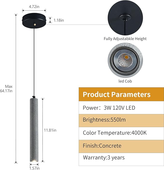 Concrete ﻿Linear Black Pendant Light,Modern Industrial Hanging Cement Pendant Lighting Fixture for Kitchen Island Dinning Room Bedroom Bedside Table Pendant Lights(1-Pack)