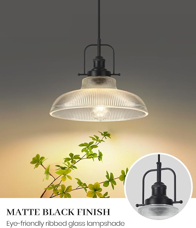 Black Glass Pendant Lights Kitchen Island 1 Pack, 12-inch Ribbed Glass Kitchen Pendant Lights, Farmhouse Pendant Lighting Over Island, Sink, Bar, Vintage Pendant Light for Dining Room