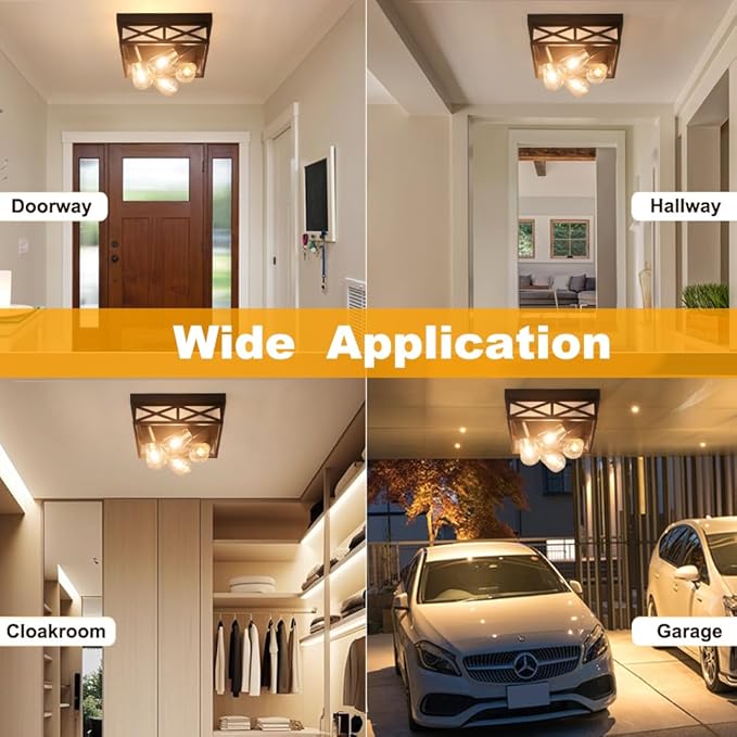 Farmhouse 4-Light Flush Mount Ceiling Lights,Adjustable Motion Sensor Square Ceiling Lamp for Entryway,Hallway,Porch,Patio,Storage Room and Garage,12in Matte Black Metal Modern Ceiling Light Fixture