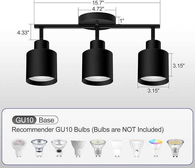 BoostArea 3-Light Led Track Lighting,Black Ceiling Lighting Fixtures,Wall Sconces Ceiling Spotlight with Foldable Light Arms for Kitchen, Closet, Bedroom,GU10 Socket, Bulbs Not Included