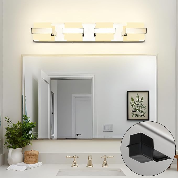 SOLFART Chrome Vanity Lights for Bathroom Above Mirror,4 Light Bathroom Light Fixtures, LED Lighting Fixture, Nickel Vanity Light,5 Color Temperature Adjustable Light Over Mirror