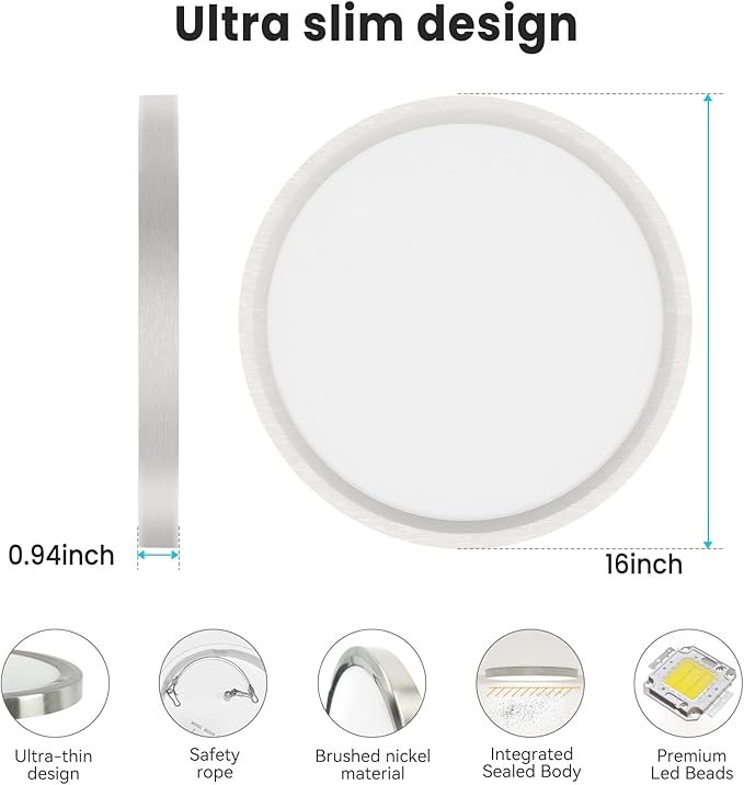 libtit 16Inch Flush Mount LED Ceiling Light Fixture, 3000K 4000K 6500K Adjustable, 36W 3600lm Brushed Nickel Satin Round Ceiling Lamp for Bathroom Shower Hallway Kitchen, 4 Pack