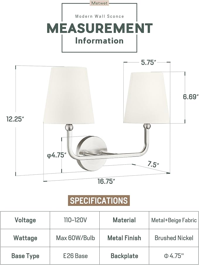 2-Light Bathroom Light Fixtures, Brushed Nickel Vanity Lights, Double Wall Sconce with Beige Fabric Shade, Modern Sconces Wall Lighting for Hallway Bedroom Stairway, VL837-BN-B-2