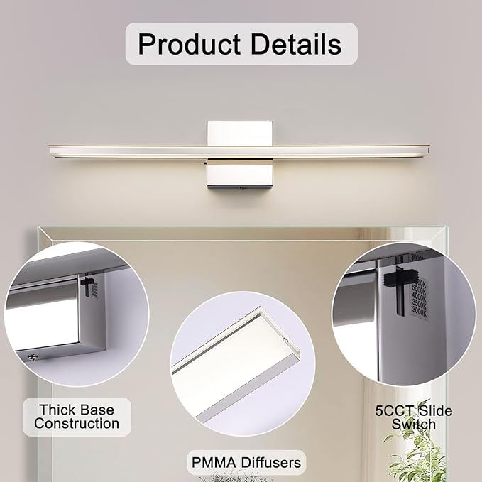 Chrome Vanity Lights for Bathroom 5CCT Dimmable Bathroom Lighting Fixtures Over Mirror Adjustable Lighting Angle Wall Light Fixtures 23.6 inch Long 18W LED Bar Light