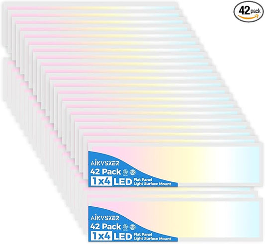 AIKVSXER 42PACK 1x4 LED Flat Panel Light Surface Mount LED Ceiling Light, 5500LM 50W TRIAC 10-100% Dimmable, 3000/4000/5000K AC120V Kitchen Lights Ceiling Flush Mount for Garage/Basement/Laundry