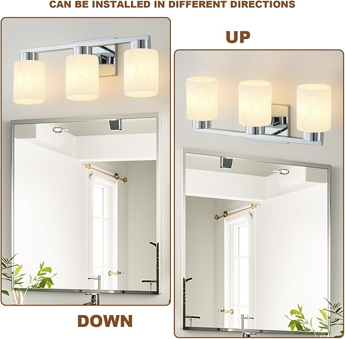 3-Light Bathroom Light Fixtures, Modern Vanity Lights, Chrome Metal Wall Lamp with White Marble Glass for Bathroom, Mirror, Living Room, Bedroom, Cabinet, Porch, Hallway, E26 Base