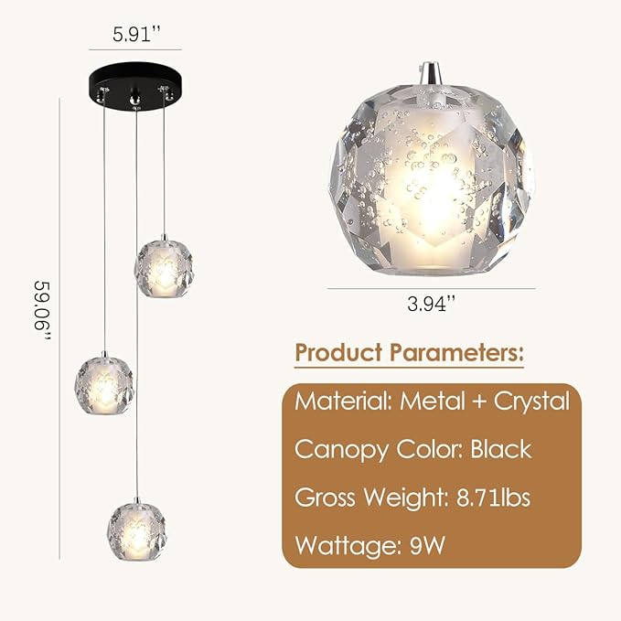 3 Lights Pendant Light Fixture, Black Cluster Pendant Lights Kitchen Island, Bubble Crystal Pendant Lighting Modern Hanging Light for Dining Room