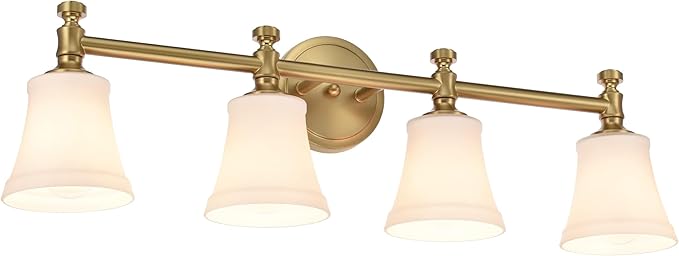 Bathroom Vanity Light Fixtures, Traditional Aged Brass 4 Lights Wall Sconce Lighting with Opal Glass Shade, Porch Wall Mount Light Fixture for Bathroom, Mirror Cabinets Hallway Stairs