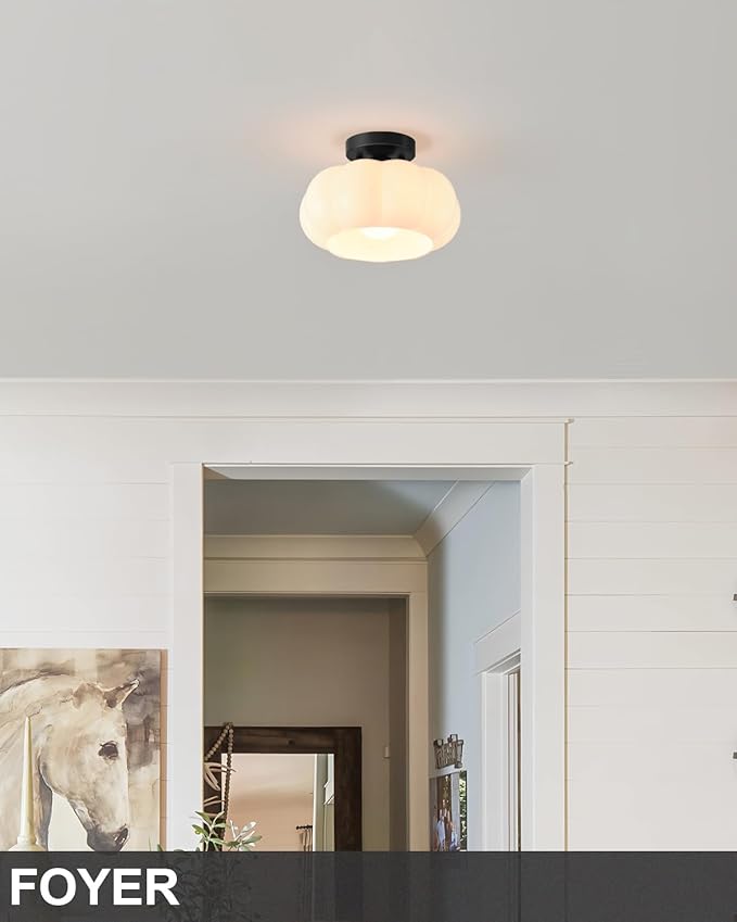Vintage Semi Flush Mount Ceiling Light,Mid Century Modern Ceiling Lights,10 Inch Milk White Glass Shade with a Black Base,for Bedroom,Kitchen,Hallway,Entryway