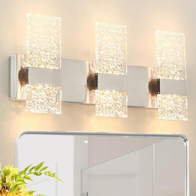 Modern Brushed Nickel 6-Lights Bathroom Vanity Light, Eleglant Nickel LED Bathroom Light Fixtures over Mirror, Dimmable Acrylic Shade Wall Lighting Fixtures, Hardwired Wall Light(H9.25in, L21.26in)
