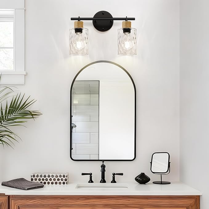 MOKATNG Bathroom Light Fixtures, 2-Light Coastal Vanity Lights with Crystal Glass Shade, Brown and Gold Bathroom Wall Lamp for Mirror Kitchen Hallway Cabinet