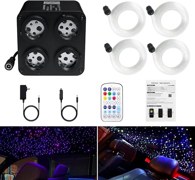 AMKI Updated 4Color Twinkle 36w Starlight Headliner Kits 1080pcs 0.03in 13.1ft Fiber Optic Light Cable 4 Ports Starlight Box App/Remote Control Sound Mode for Car Home Ceiling Decoration