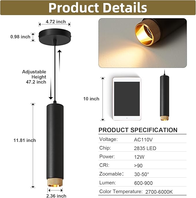 OKELI Modern Black LED Pendant Light for Kitchen Island, 1 Pack – Dimmable Zoomable Pendant, Adjustable Beam Angle, 3 Color Temps 2700K/4000K/6000K, Mini Hanging Light for Bar or Bedroom, 12W 11.8"