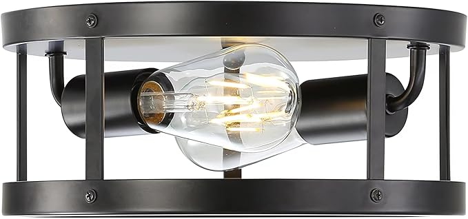 Farmhouse Semi Flush Mount Ceiling Light, Black 11inch 2-Light Metal Cage Light Fixture Ceiling Mount, Industrial Closed to Ceiling Mount Lamp, Vintage Pendant Lighting, Bulb Not Included