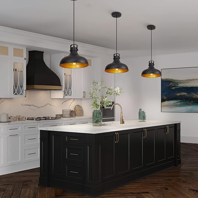 Black Farmhouse Pendant Lights Matte Pendant Lighting for Kitchen Island Industrial Adjustable Height Vintage Dome Hanging Light Fixtures for Barn, Dining Room 2 Packs