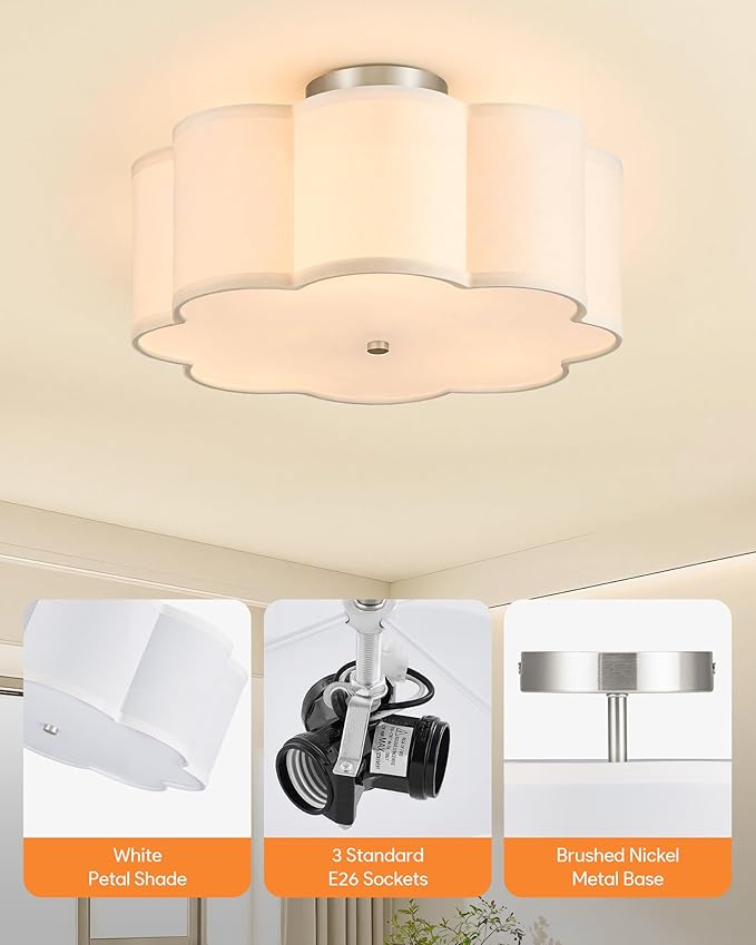 VONLUCE Semi-Flush Mount Ceiling Light, 15.7" Modern 3-Light Ceiling Light Fixture with White Petal-Shaped Shade 3 E26 Sockets for Bedroom Entryway Living Room, Nickel Finish, ETL Certificated