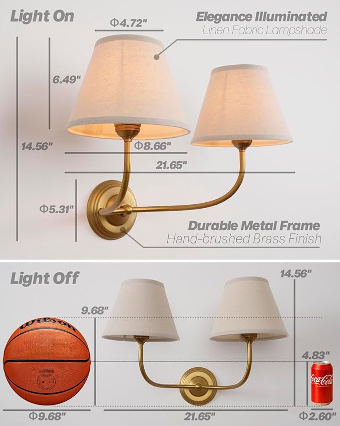 Vintage 2-Lights Fabric Sconces Wall Lighting with 8.66" Diam Linen Cloth Shade, Double Arm Wall Lamp Fixture for Living Room Bathroom Bedroom Hallway