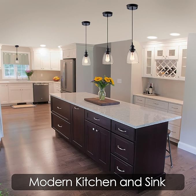 Industrial Mini Pendant Light Fixture Modern Clear Glass Adjustable Cord for Kitchen Island Dining Room Sink, Black, 3 Packs
