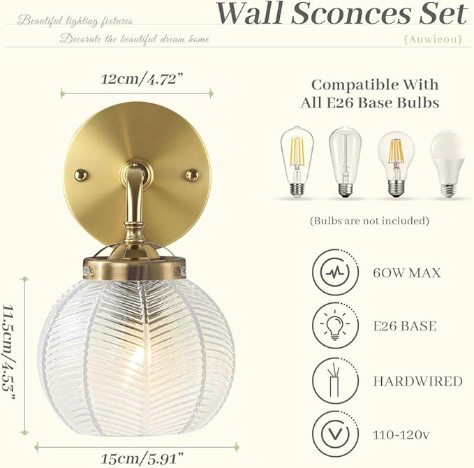 Vintage Wall sconces Glass Wall Sconces with Ribbed Clear Globe Glass Shade Gold Wall Sconce Modern Vanity Light Bathroom Wall sconces Over Mirro Wall lamp for Bedroom Hallway Living Room