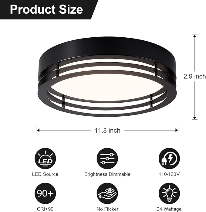Dimmable Black Flush Mount Ceiling Light, Modern Round LED Ceiling Lights Fixture, Kitchen Flushmount Light for Bedroom Hallway Laundry Room 2700 K-6000 K 5CCT