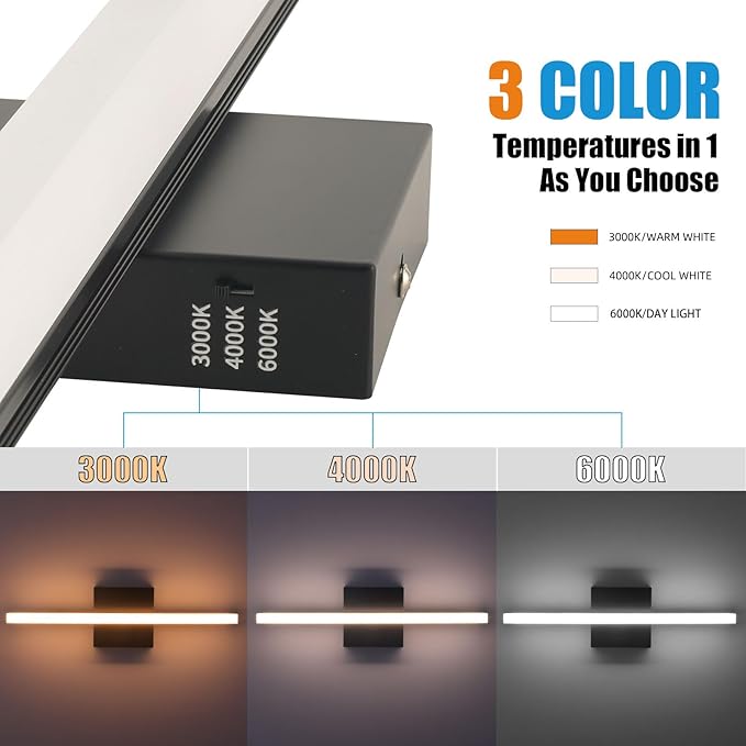 LED Bathroom Vanity Light, 14W Bathroom Mirror Light Fixtures, 3 Color Temperatures 24 Inch Black Wall Sconce for Makeup, Modern LED Bath Wall Lamp for Bathroom & Bedroom IP44