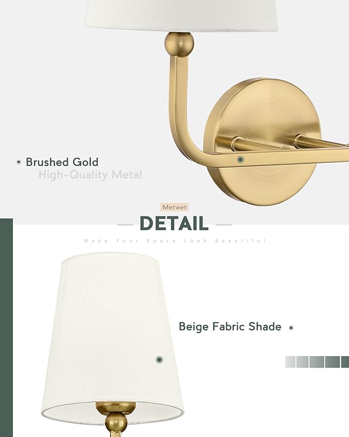 2 Light Bathroom Light Fixtures, Brushed Gold Vanity Lights, Double Wall Sconce with Beige Fabric Shade, Modern Sconces Wall Lighting for Hallway Bedroom Stairway, VL837-BG-B-2